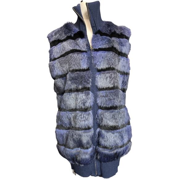 Tasha Tarno Jackets & Blazers - Tasha Tarno Blue Black Striped Real Rabbit Fur Full Zip Vest Ribbed Collar Large